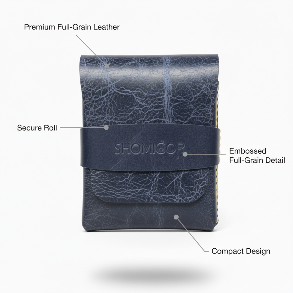 Navy leather pouch product showcase with feature callouts