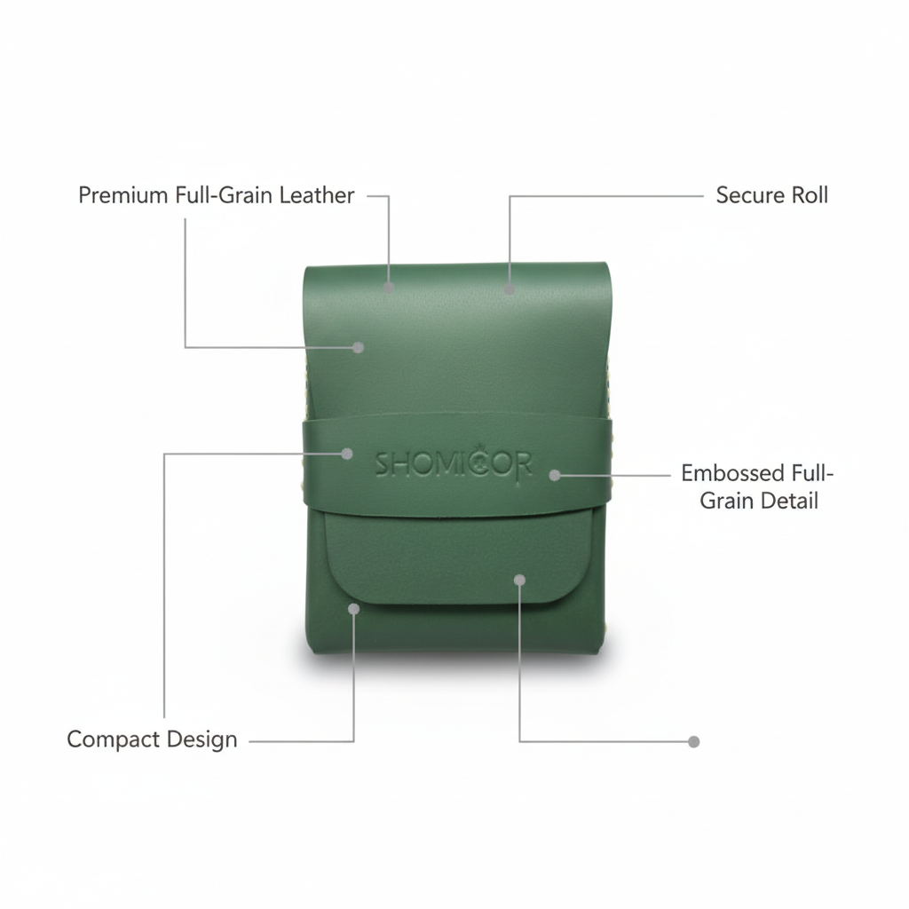 Green leather pouch product showcase with feature callouts